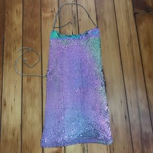 Purple iridescent chain metallic sequin crop top